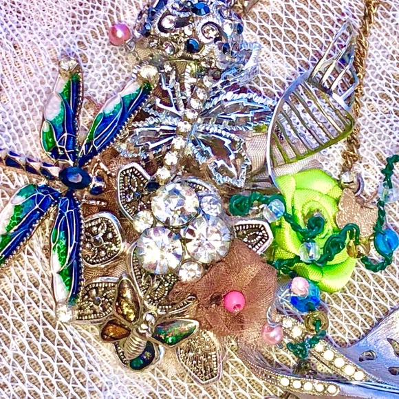 OOAK Assemblage Eclectic Vtg/New Mix Wearable Art Statement Necklace *Dragonfly - Picture 8 of 12